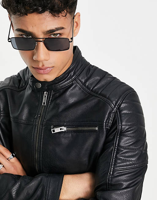Jack & Jones Essentials faux leather racer jacket in black