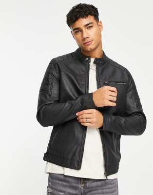 Essentials faux leather racer jacket in black