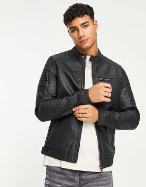 Jack & Jones Essentials faux leather racer jacket in black