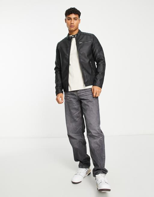 Jack & Jones Essentials faux leather racer jacket in black