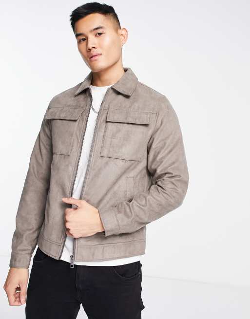 Jack & Jones Essentials faux suede jacket with pockets in brown | ASOS