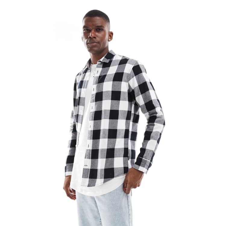 Jack & Jones Essentials flannel buffalo check shirt in black