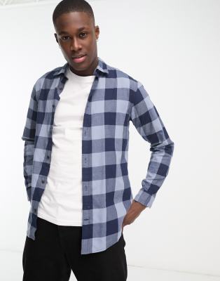 Jack & Jones Essentials Flannel Buffalo Check Shirt In Blue