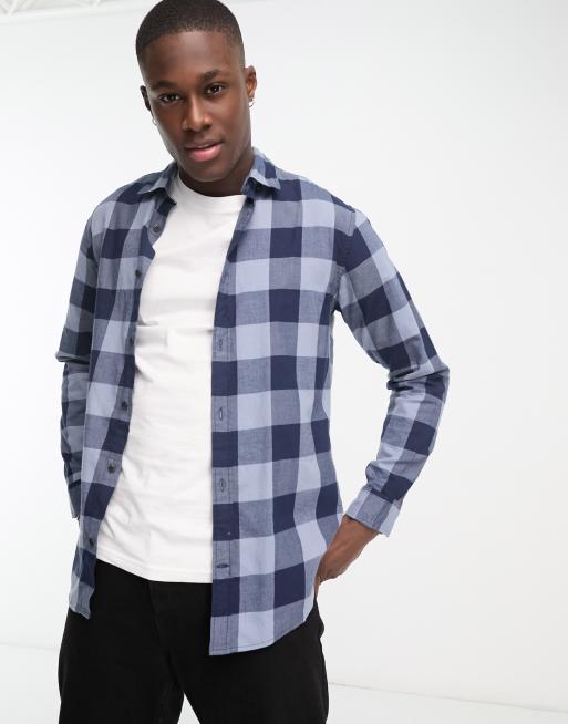 Jack & Jones Essentials flannel buffalo check shirt in blue | ASOS