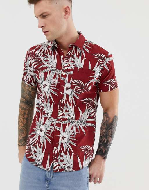 Jack & Jones Essentials floral printed short sleeve shirt in red | ASOS