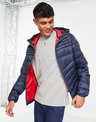 Jack & Jones Essentials – Granatowa ocieplana kurtka z kapturem