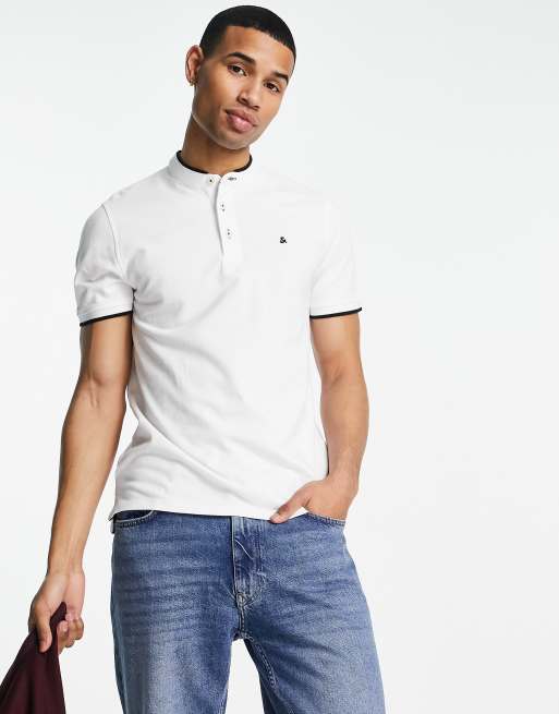 Jack Jones Essentials grandad polo with tipping in white | ASOS