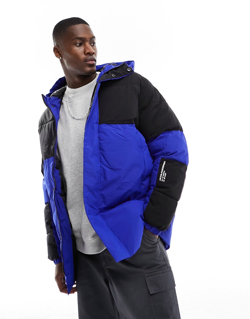 Jack & Jones Essentials heavy puffer parka jacket in blue and black-Multi