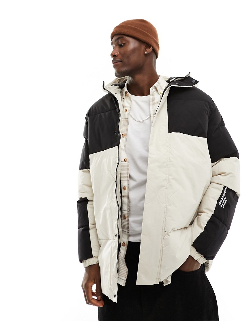 Jack & Jones Essentials heavy puffer parka jacket in off white and black-Multi