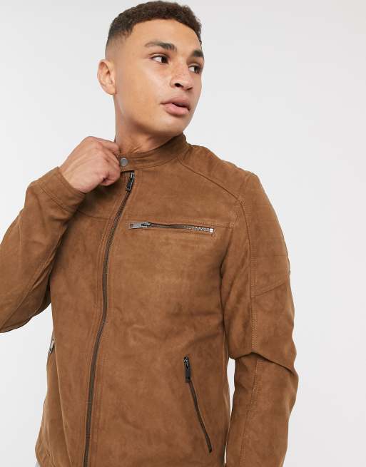 Jack & Jones Essentials – Hellbraune Bikerjacke in Wildlederoptik, 3 von 4