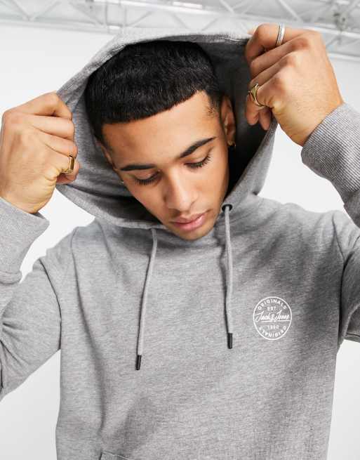 Jack Jones Essentials hoodie with chest logo in grey melange ASOS