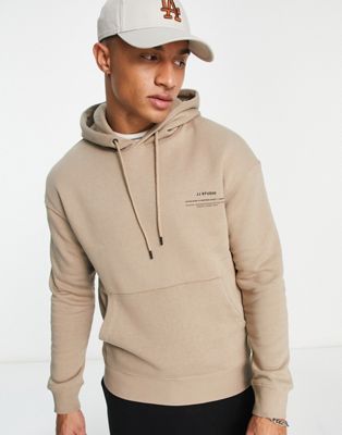 Jack & Jones Essentials hoodie with chest print in beige  - ASOS Price Checker