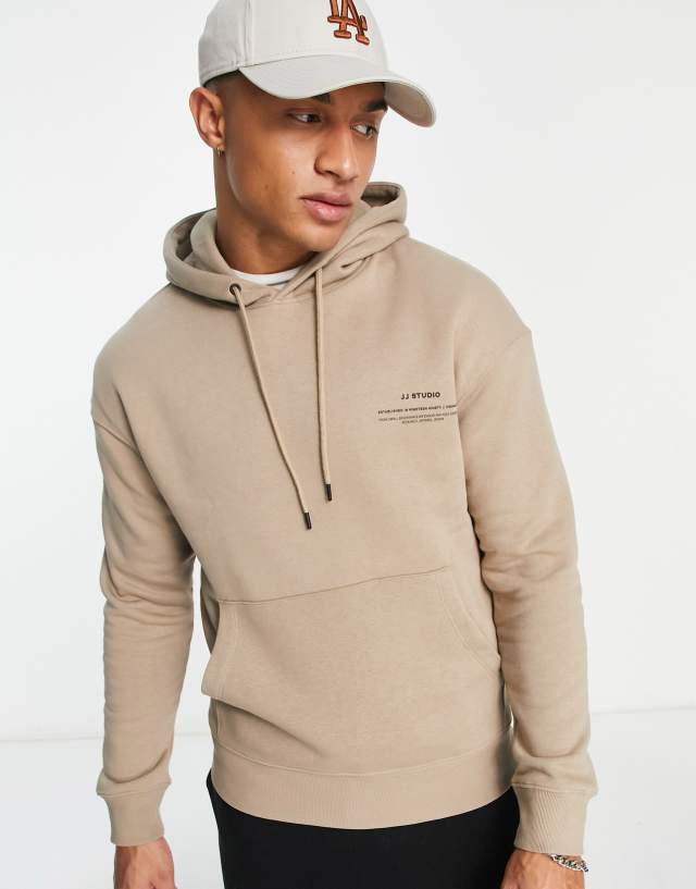 Jack & Jones Essentials hoodie with chest print in beige