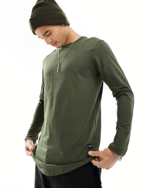 Jack & Jones – Essentials – Kakigrön långärmad topp i bomull med rundad nederkant - KHAKI - view 1