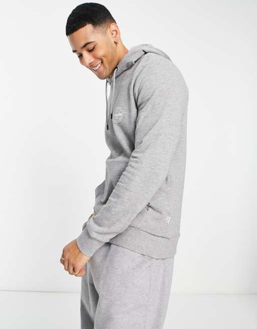 Jack & Jones Essentials – Kapuzenpullover in meliertem Grau mit Logo auf der Brust 