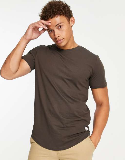 Jack & Jones - Essentials - Katoenen T-shirt met lange pasvorm en ronde zoom in bruin 
