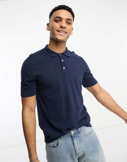 Jack & Jones Essentials knit polo in navy | ASOS