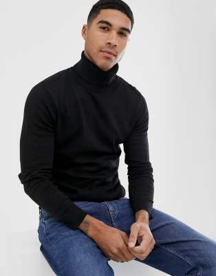 Jack & Jones Essentials Knitted Roll Neck Sweater-black In Black