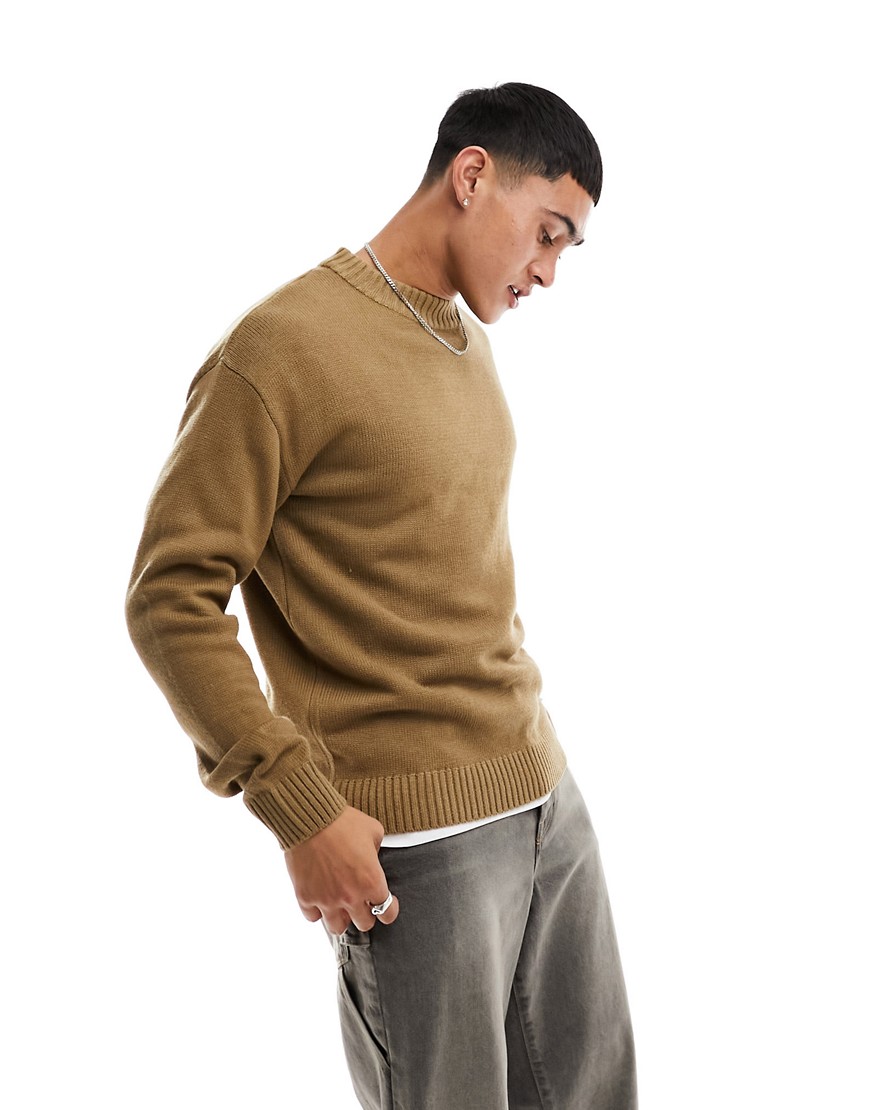 Jack & Jones Essentials Knitted Sweater With Drop Shoulder In Tan-neutral