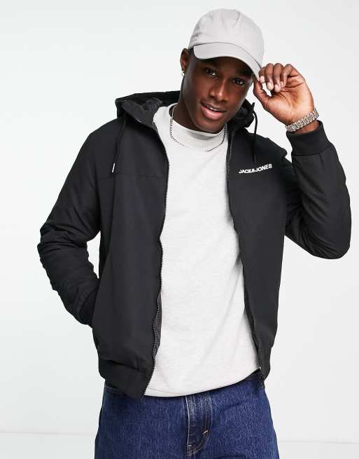 Jack Jones Essentials lightweight logo jacket with hood in black