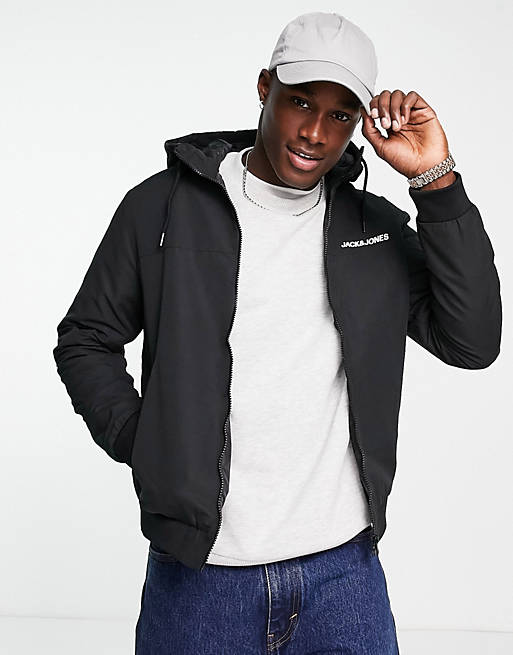 Jack & Jones Essentials lightweight logo jacket with hood in black | ASOS