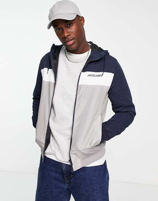 Jack Jones Essentials lightweight logo jacket with hood in navy