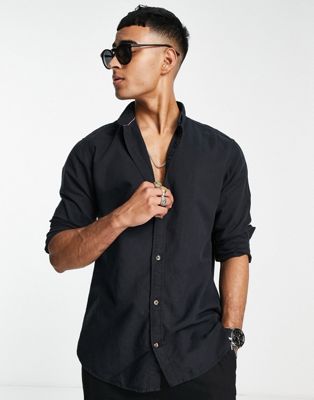 Jack & Jones Essentials linen button down shirt in black