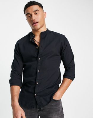 Jack & Jones Essentials grandad collar shirt in black