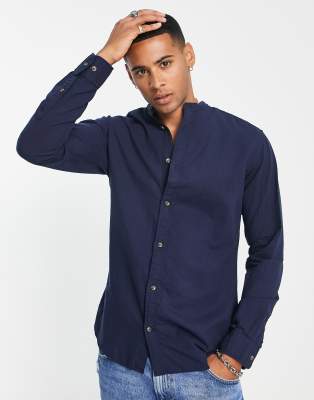 Jack & Jones Essentials linen grandad collar shirt in navy