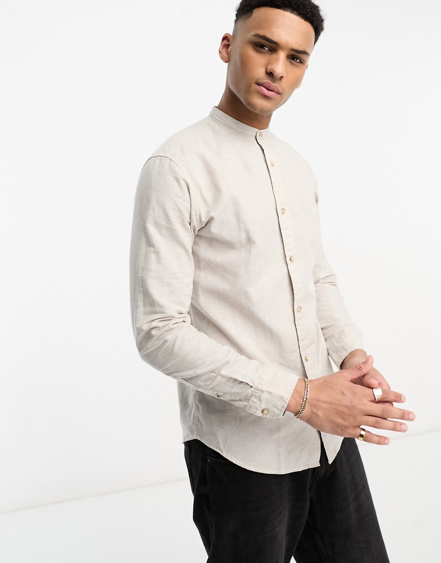 Jack & Jones Essentials Linen Shirt With Grandad Collar In Beige-neutral