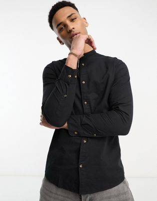Jack & Jones Essentials Linen Shirt With Grandad Collar In Black