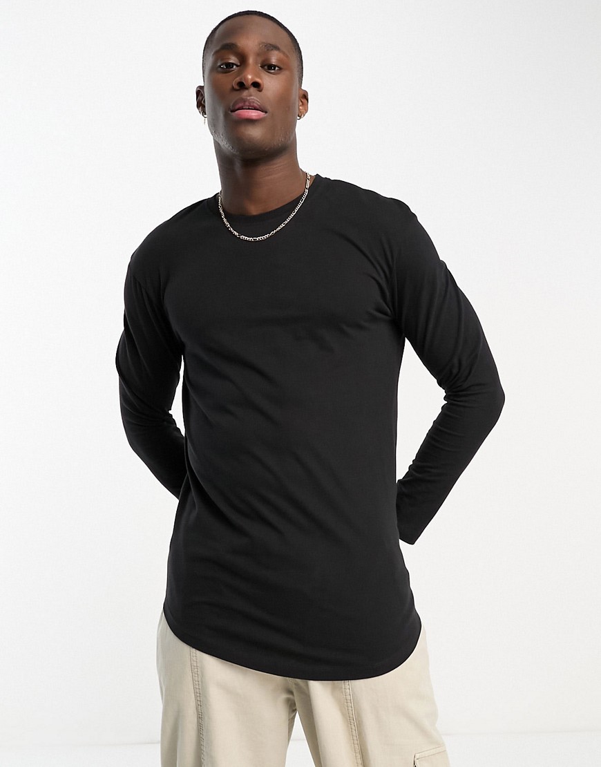 Jack & Jones Essentials longline long sleeve t-shirt with curve hem in black