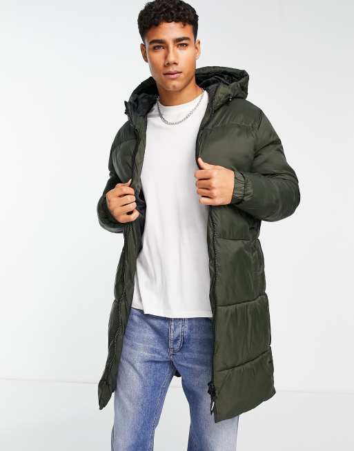 Jack & Jones Essentials longline puffer coat with hood in khaki with double  zip