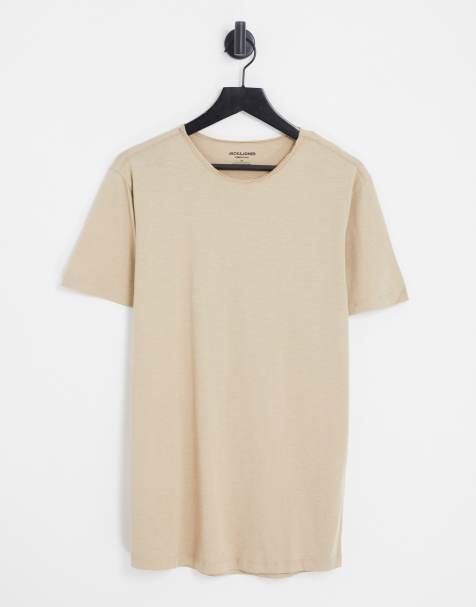 Jack & Jones Essentials longline scoop hem raw edge t-shirt in beige - view 1