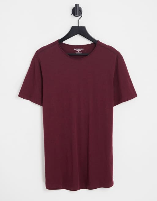 Jack & Jones Essentials – Longline-T-Shirt in Burgunder mit abgerundetem Saum und unversäuberten Kanten