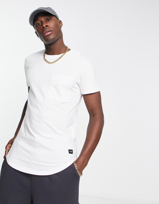 Jack Jones Essentials Longline T Shirt in WeiB mit abgerundetem Saum und Tasche ASOS