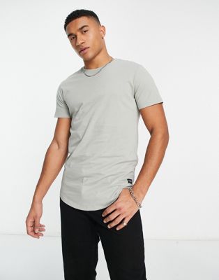 Jack & Jones Essentials longline t-shirt with curved hem in dusky green  - ASOS Price Checker