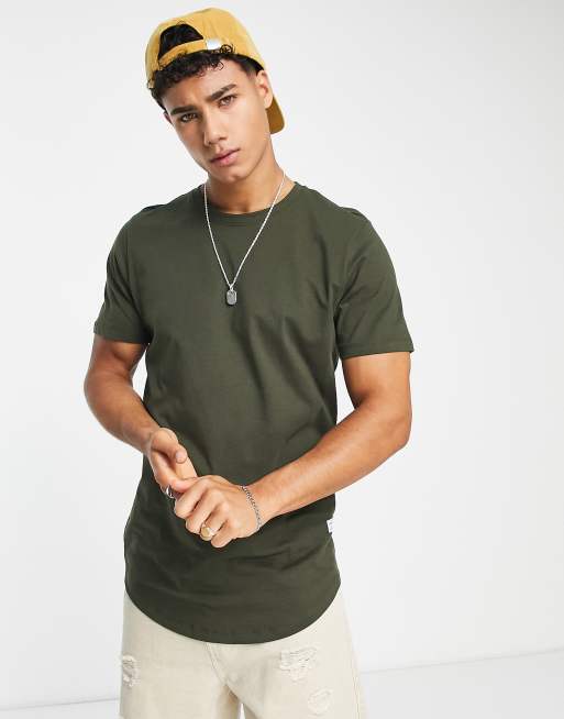 Jack & Jones Essentials longline t-shirt key-chains with curve hem in khaki