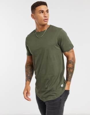 Jack & Jones Essentials longline t-shirt with curve hem in khaki - ASOS Price Checker