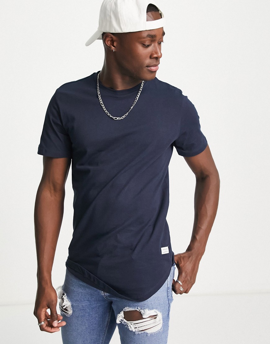 Jack & Jones Essentials longline t-shirt with curve hem in navy