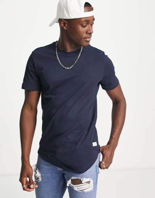 Jack & Jones Essentials longline T-shirt with curve hem in navy | ASOS