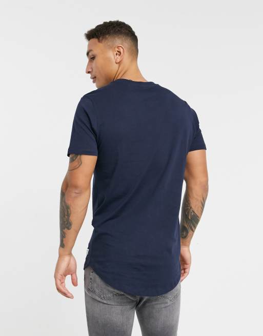 Jack & Jones Essentials longline t-shirt with curve hem in navy