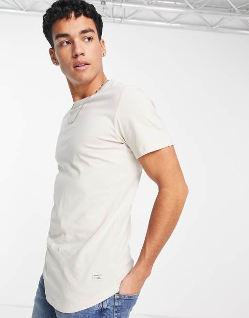 Jack & Jones Essentials longline t-shirt with curve hem in off white