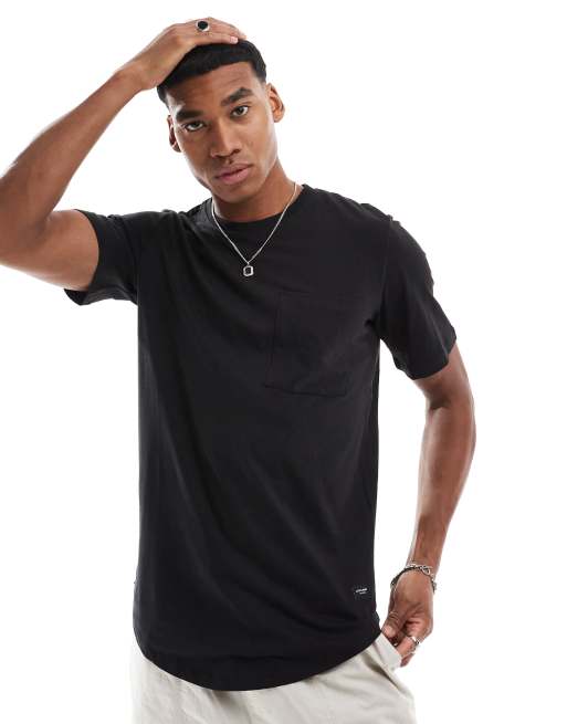 Jack & Jones Essentials longline t-shirt with curve hem & pocket in black