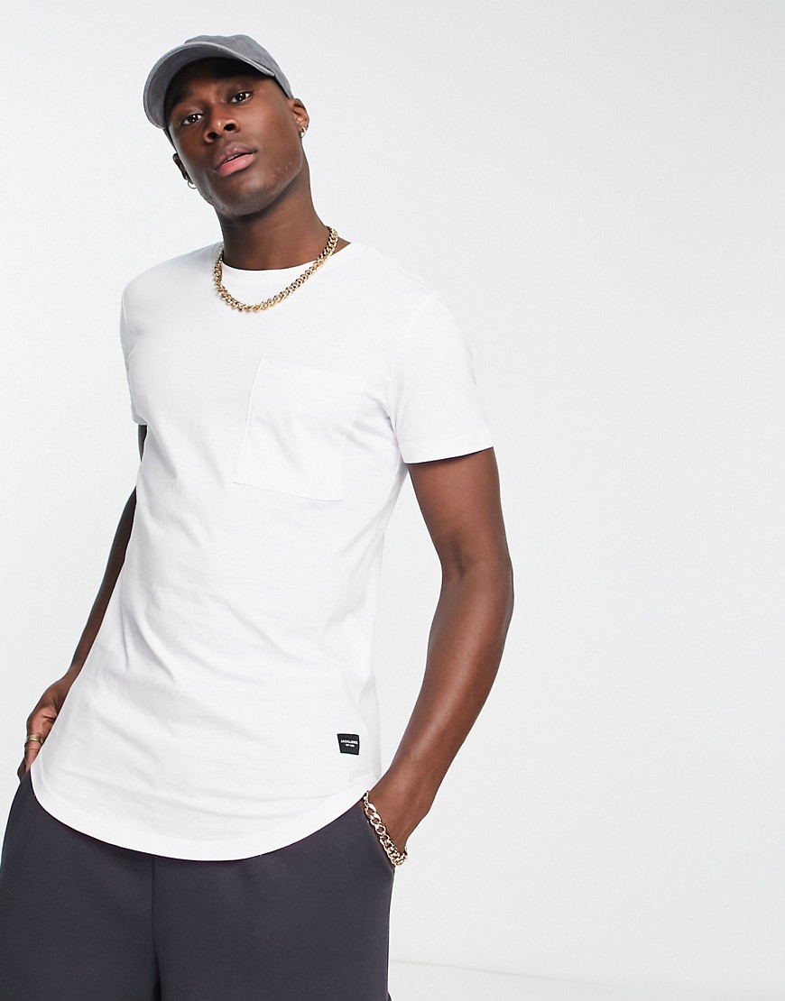 Jack & Jones Essentials longline t-shirt with curve hem & pocket in white