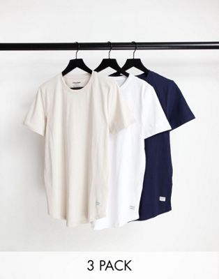 T-shirts et débardeurs Jack & Jones Essentials - Lot de 3 t-shirts en coton biologique à ourlet arrondi - Blanc/bleu marine/beige