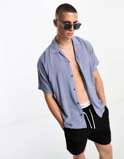 Jack & Jones Essentials - Overhemd van viscose met korte mouwen en reverskraag in grijsblauw