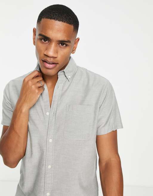 Jack & Jones Essentials oxford shirt with short sleeves in light washed khaki, 3 of 4