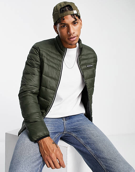 Jack & Jones Essentials padded jacket with stand collar in khaki
