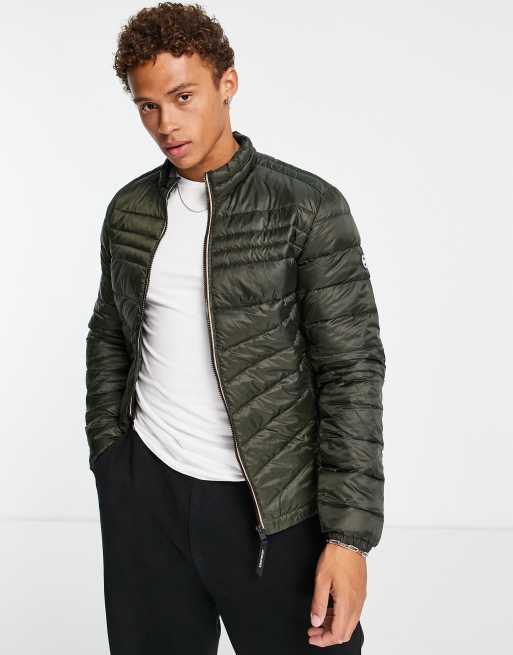 Jack & Jones Essentials padded jacket with stand collar in khaki | ASOS